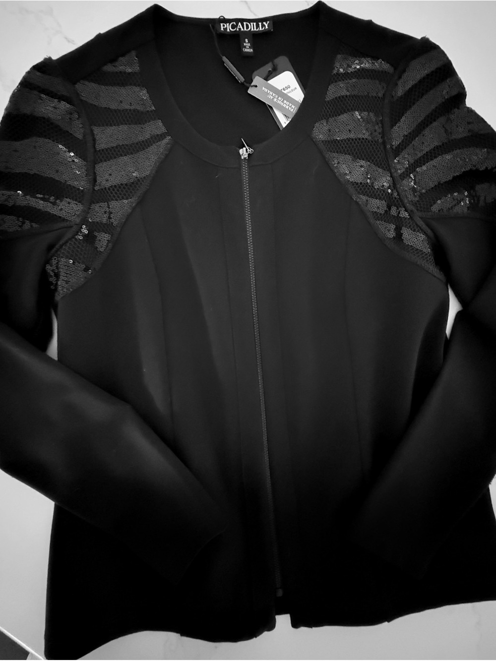 Elegance from Piccadilly. Black Zip-Front Jacket,  Sequined Shoulders, size S